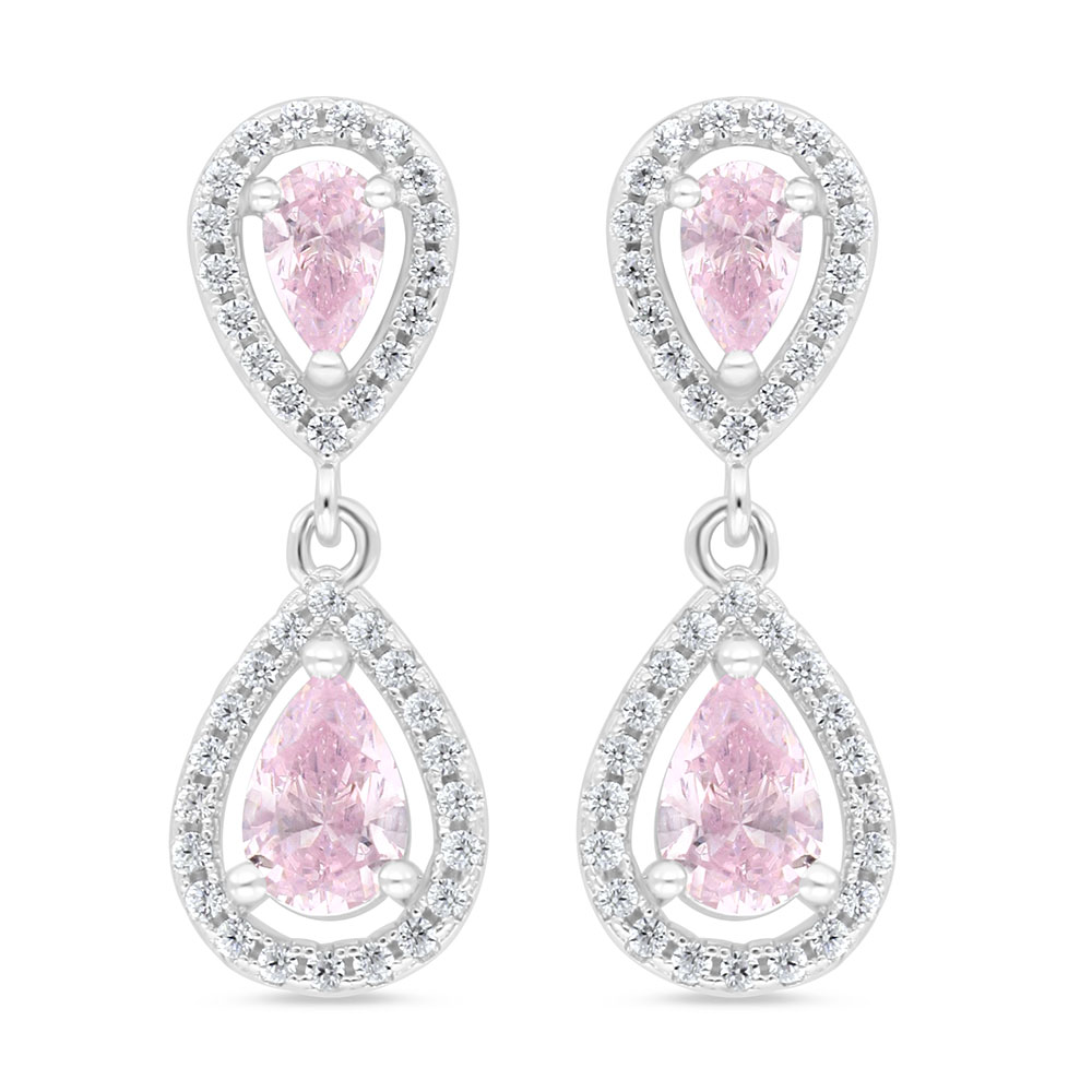 Sterling Silver 925 Earring Rhodium Plated Embedded With Pink Zircon And White Zircon