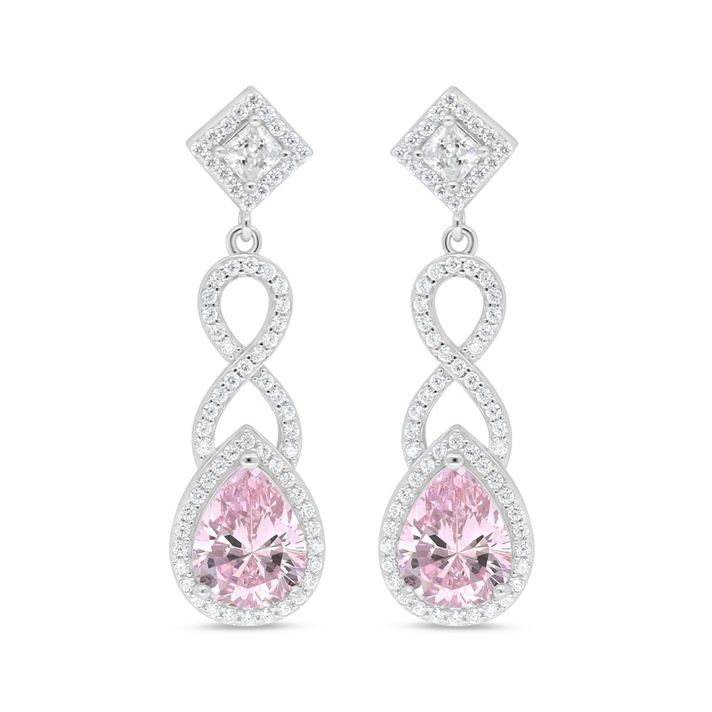 Sterling Silver 925 Earring Rhodium Plated Embedded With Pink Zircon And White Zircon