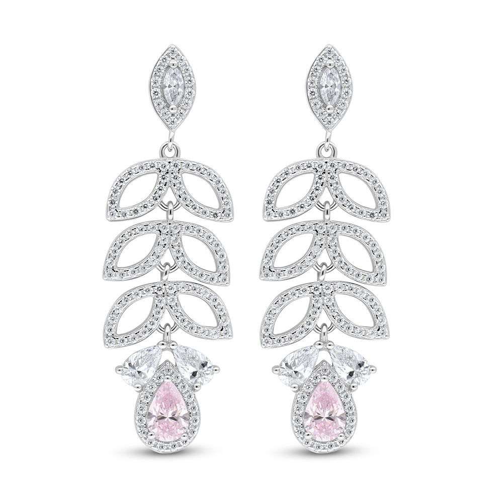 Sterling Silver 925 Earring Rhodium Plated Embedded With Pink Zircon And White Zircon