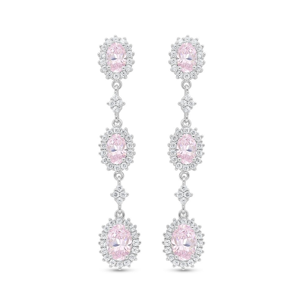 Sterling Silver 925 Earring Rhodium Plated Embedded With Pink Zircon And White Zircon