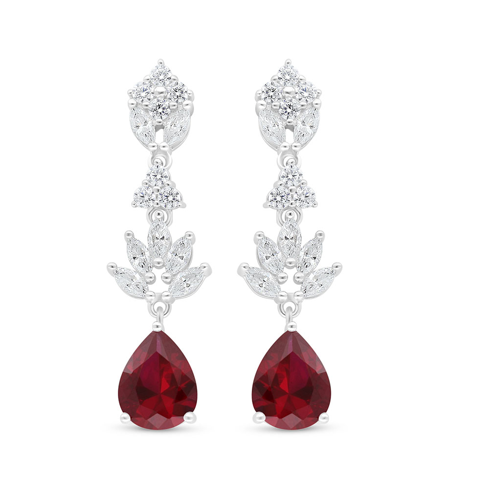 Sterling Silver 925 Earring Rhodium Plated Embedded With Ruby Corundum And White Zircon