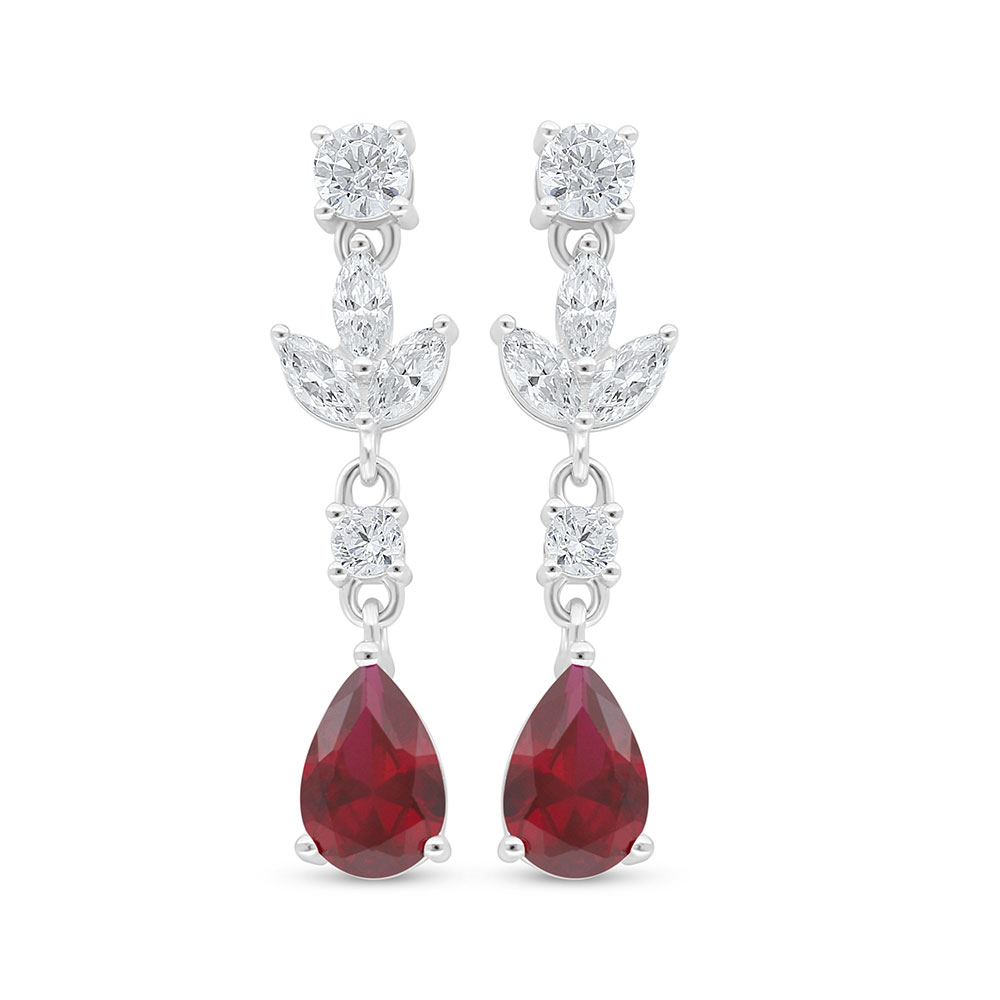 Sterling Silver 925 Earring Rhodium Plated Embedded With Ruby Corundum And White Zircon