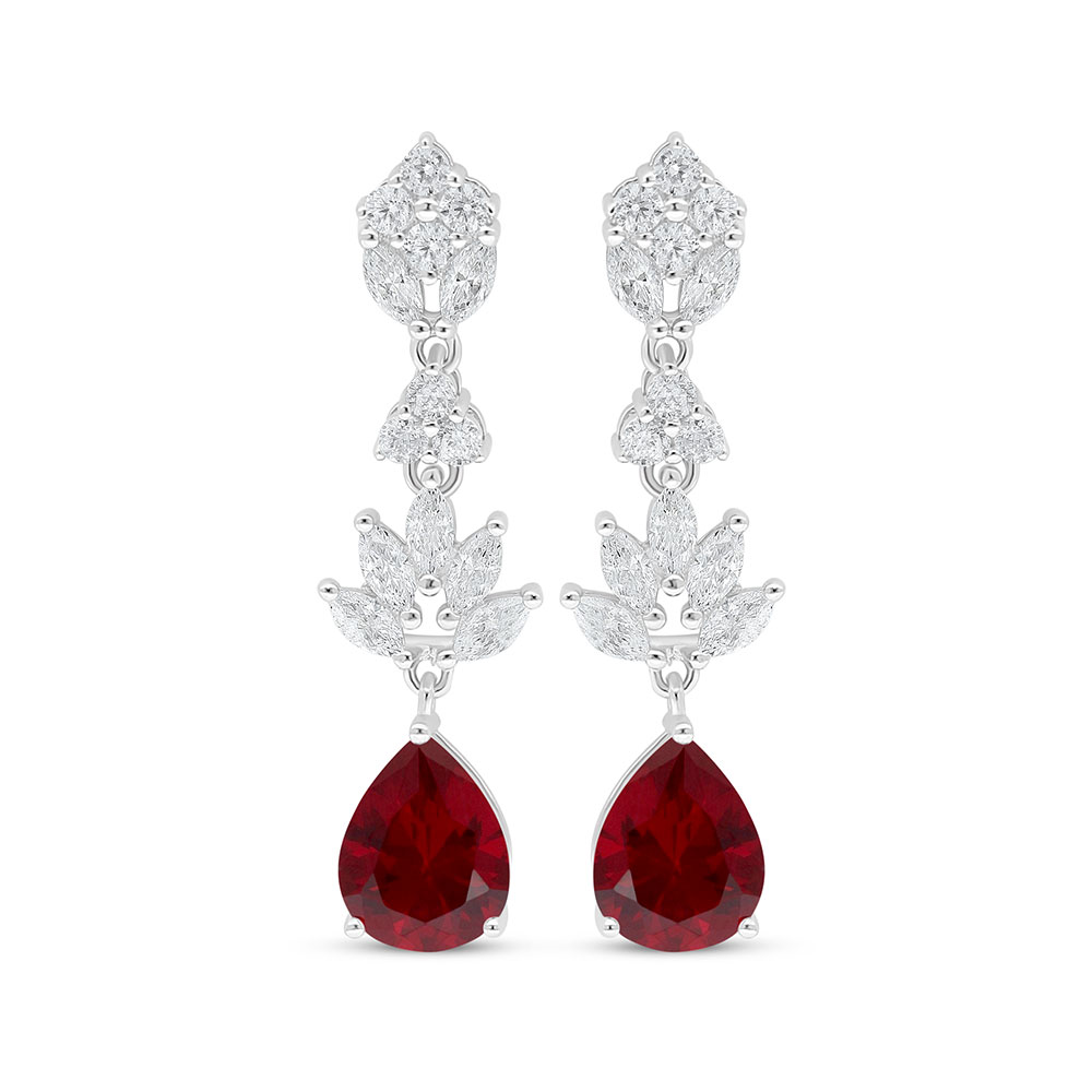 Sterling Silver 925 Earring Rhodium Plated Embedded With Ruby Corundum And White Zircon