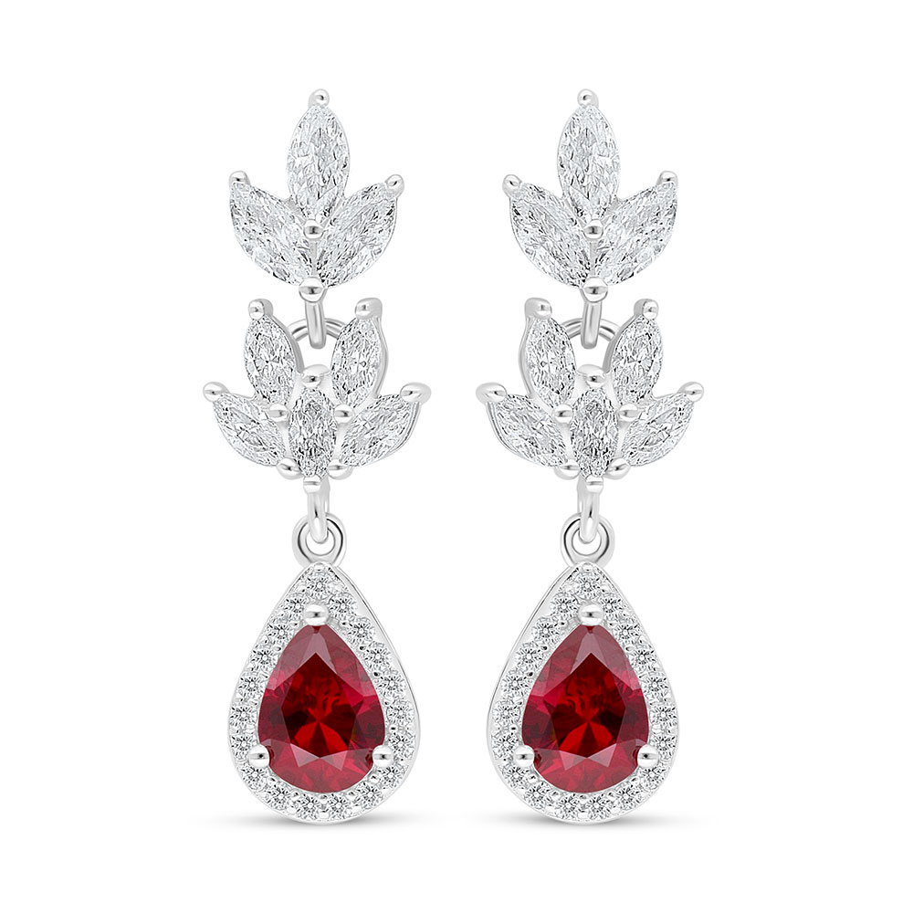 Sterling Silver 925 Earring Rhodium Plated Embedded With Ruby Corundum And White Zircon