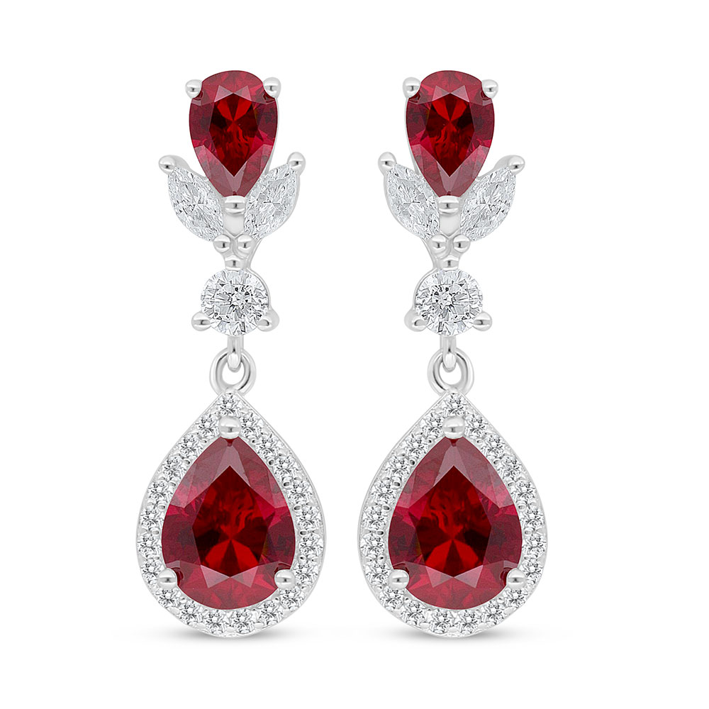 Sterling Silver 925 Earring Rhodium Plated Embedded With Ruby Corundum And White Zircon