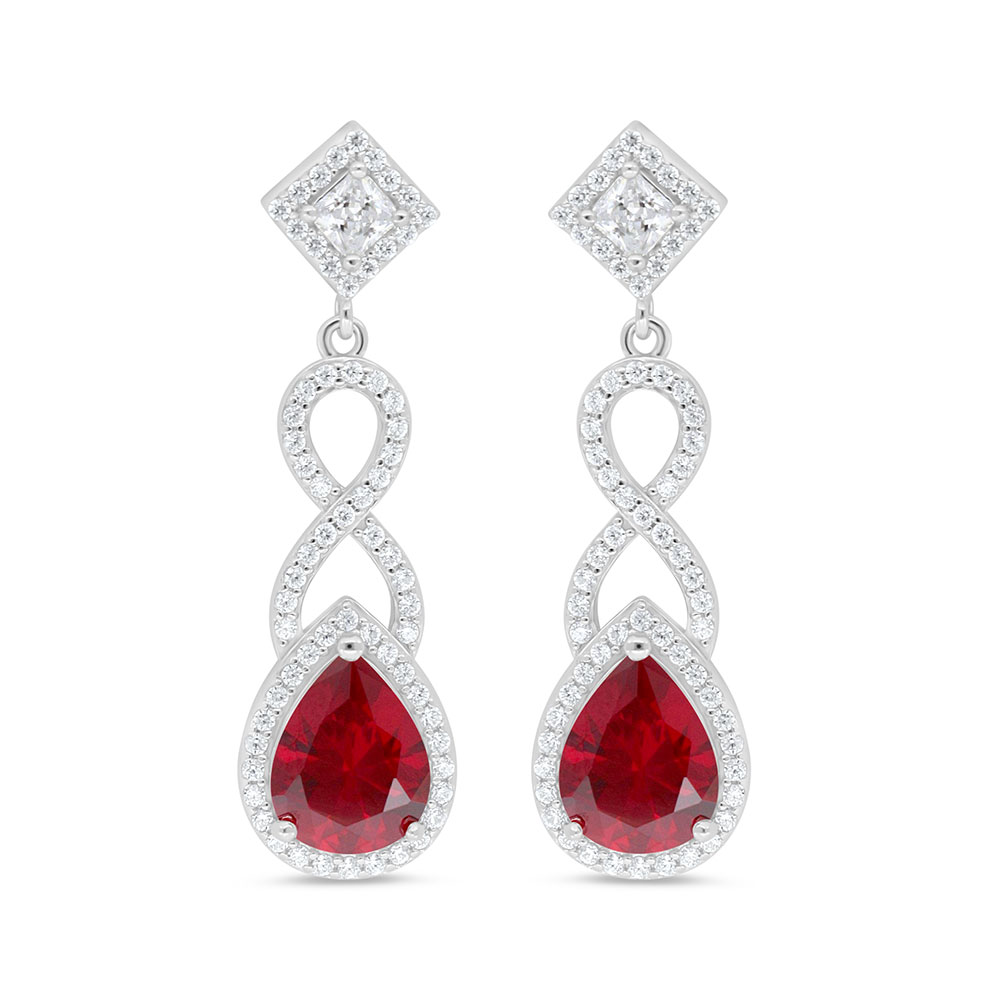 Sterling Silver 925 Earring Rhodium Plated Embedded With Ruby Corundum And White Zircon