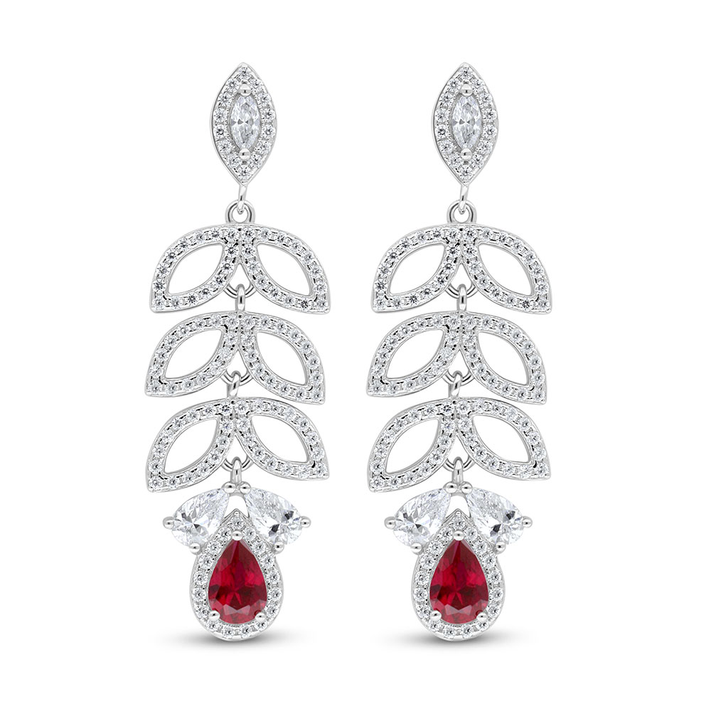 Sterling Silver 925 Earring Rhodium Plated Embedded With Ruby Corundum And White Zircon