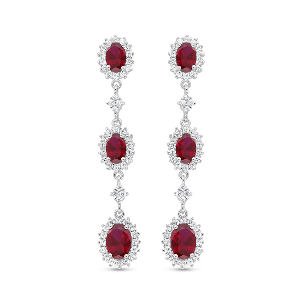 Sterling Silver 925 Earring Rhodium Plated Embedded With Ruby Corundum And White Zircon