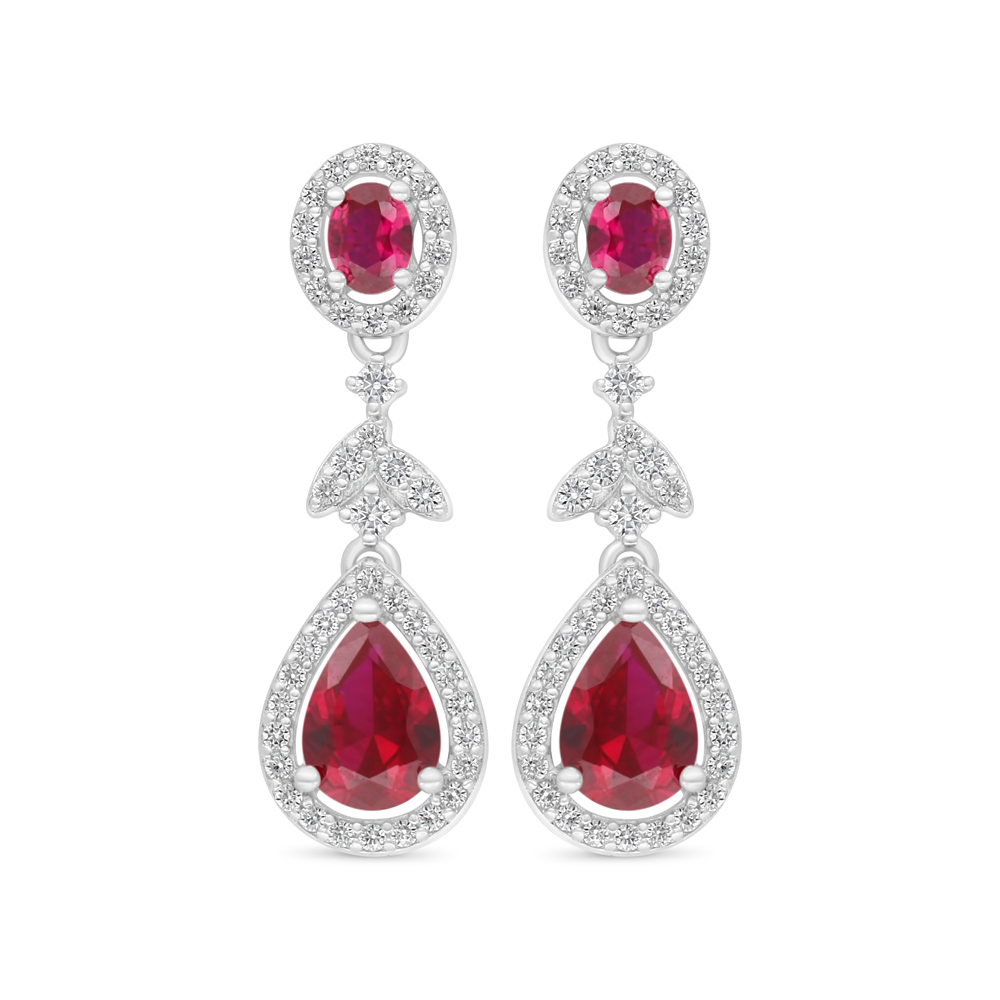 Sterling Silver 925 Earring Rhodium Plated Embedded With Ruby Corundum And White Zircon