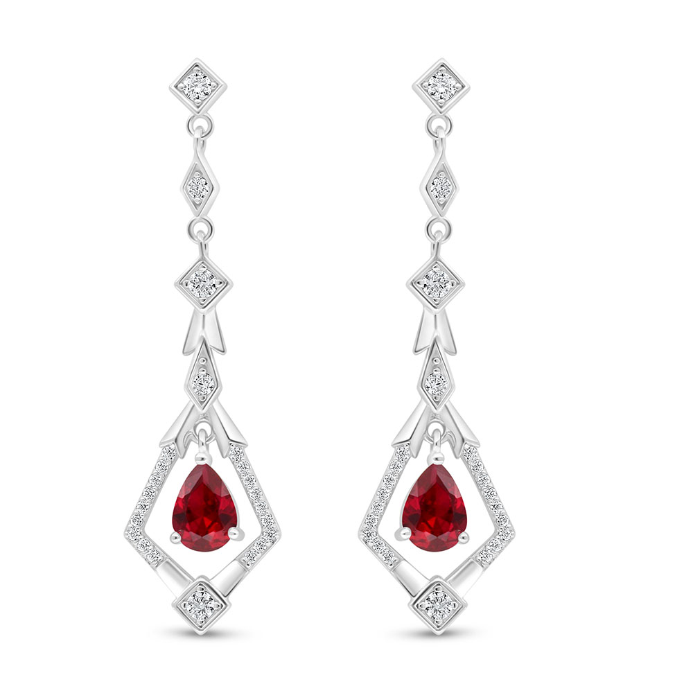 Sterling Silver 925 Earring Rhodium Plated Embedded With Ruby Corundum And White Zircon