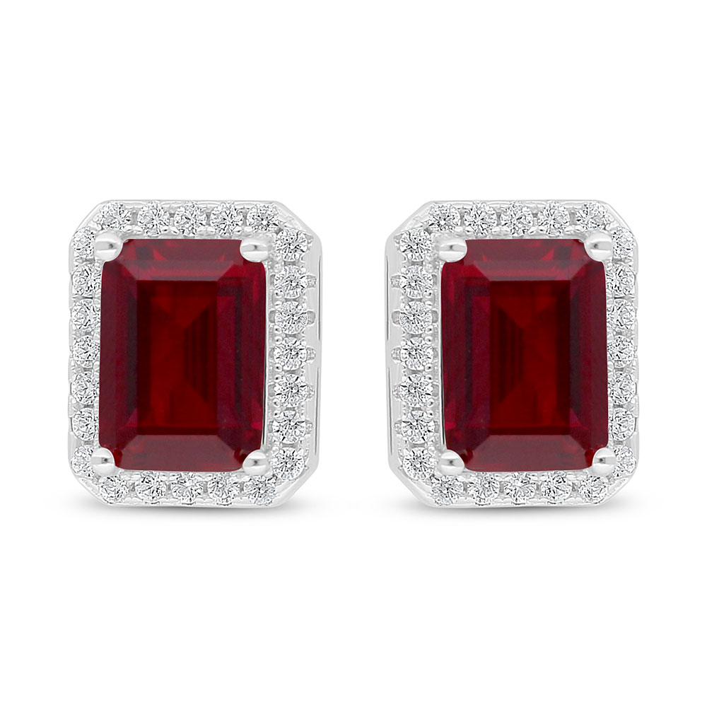 Sterling Silver 925 Earring Rhodium Plated Embedded With Ruby Corundum And White Zircon