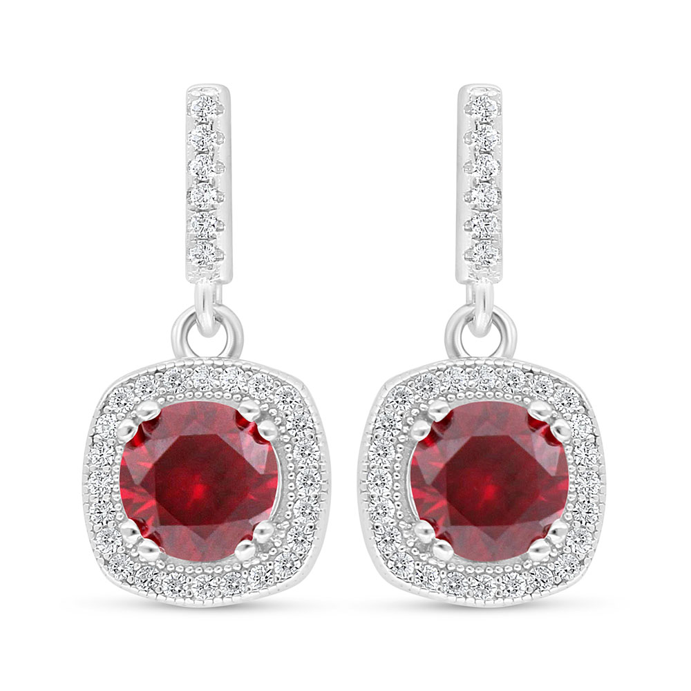 Sterling Silver 925 Earring Rhodium Plated Embedded With Ruby Corundum And White Zircon