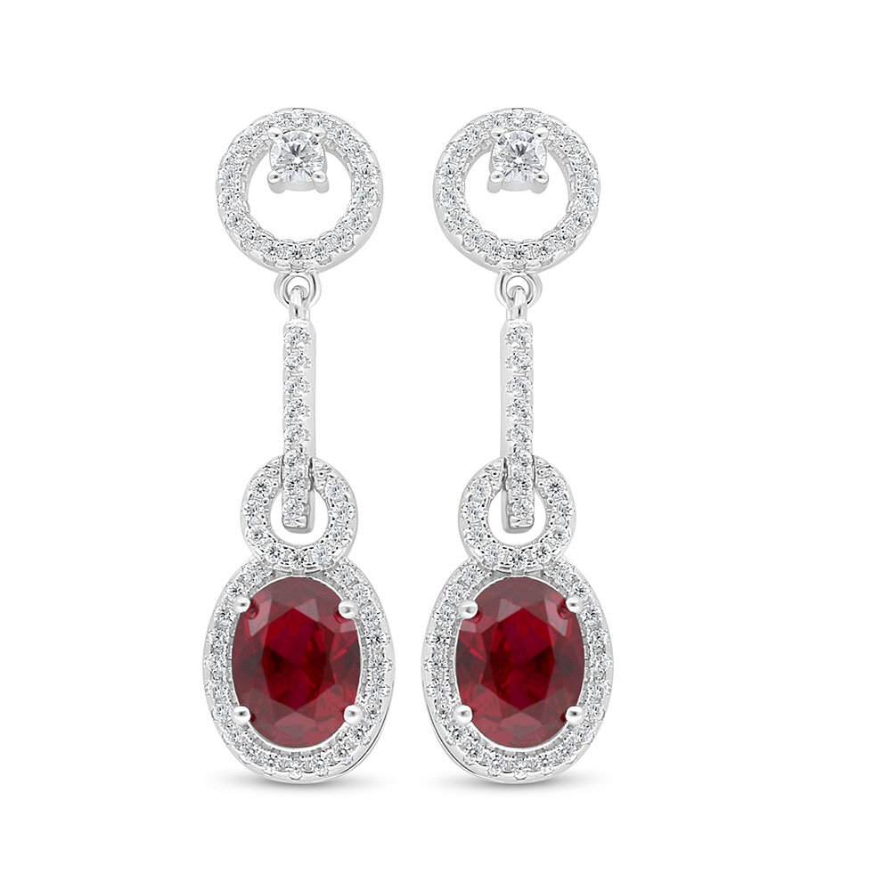 Sterling Silver 925 Earring Rhodium Plated Embedded With Ruby Corundum And White Zircon