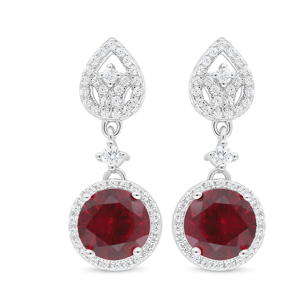 Sterling Silver 925 Earring Rhodium Plated Embedded With Ruby Corundum And White Zircon