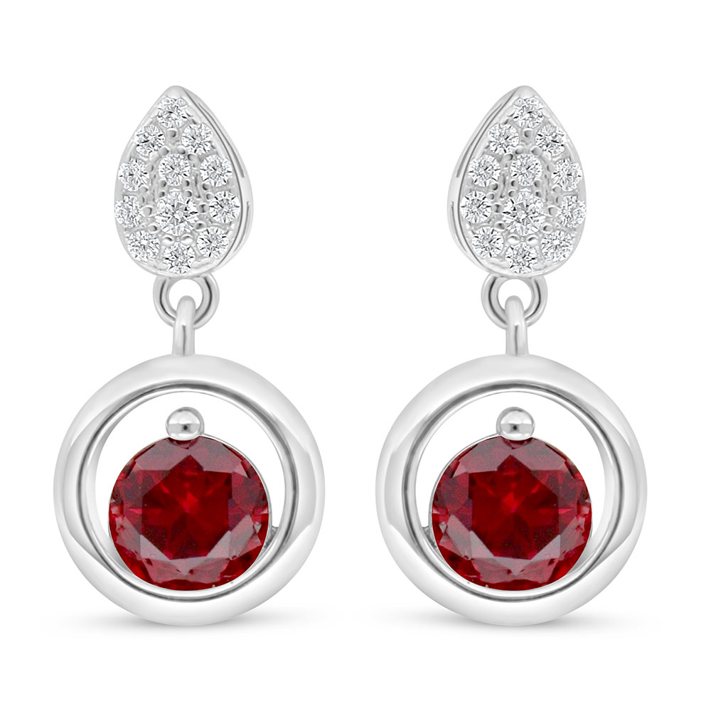 Sterling Silver 925 Earring Rhodium Plated Embedded With Ruby Corundum And White Zircon