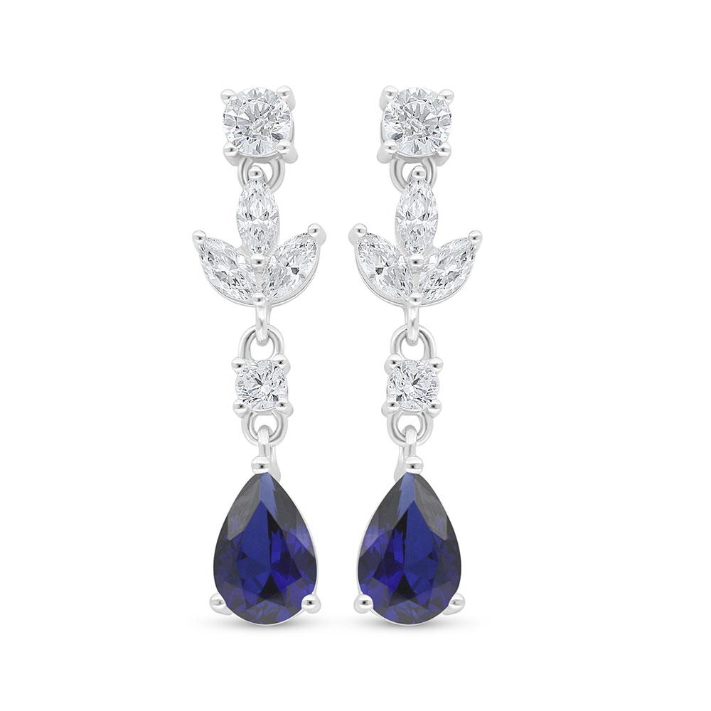 Sterling Silver 925 Earring Rhodium Plated Embedded With Sapphire Corundum And White Zircon