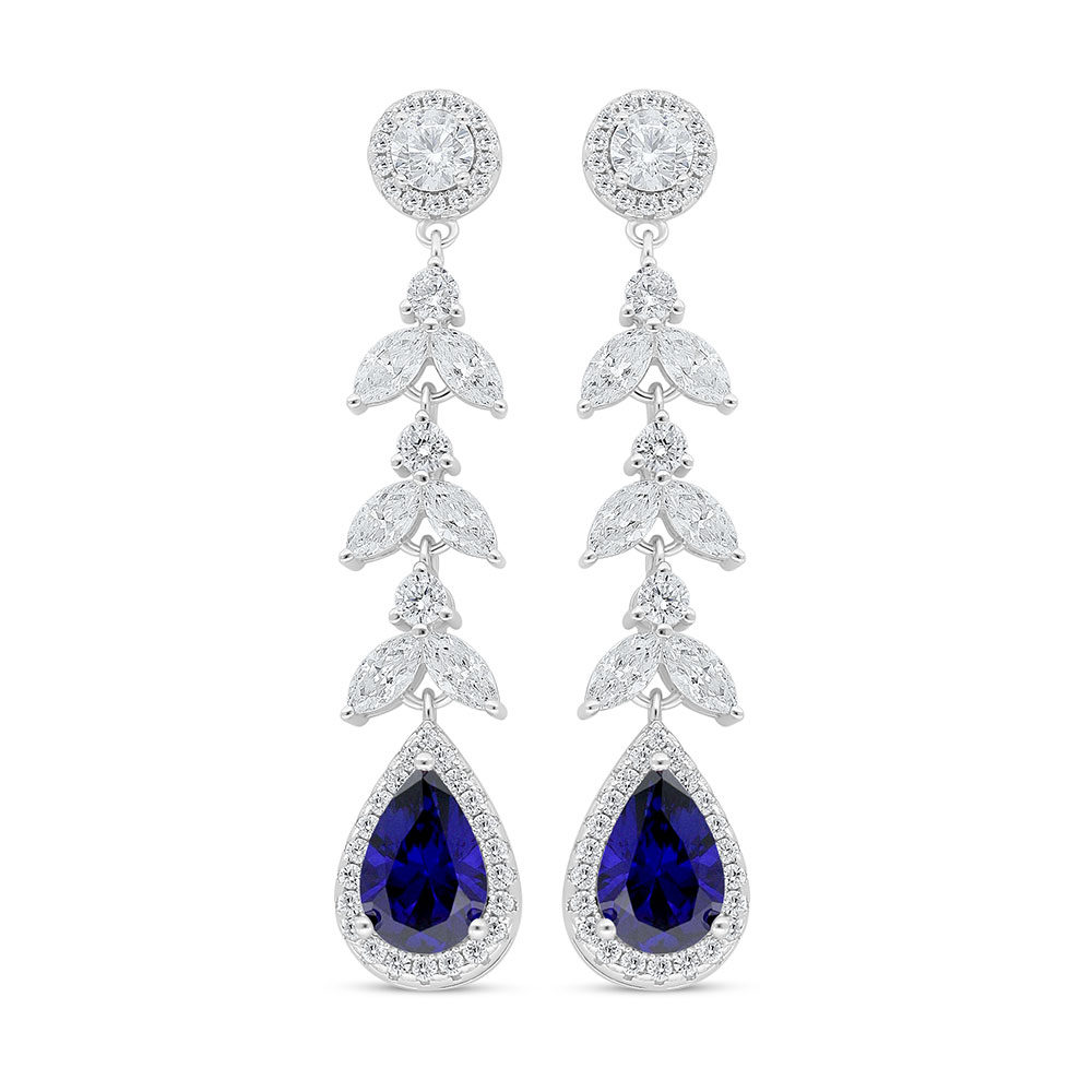 Sterling Silver 925 Earring Rhodium Plated Embedded With Sapphire Corundum And White Zircon