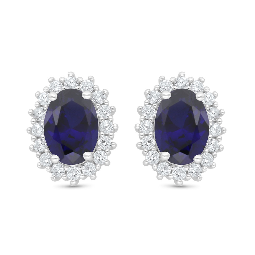 Sterling Silver 925 Earring Rhodium Plated Embedded With Sapphire Corundum And White Zircon