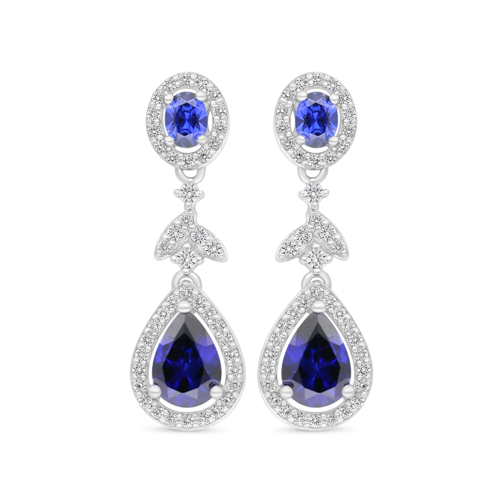 Sterling Silver 925 Earring Rhodium Plated Embedded With Sapphire Corundum And White Zircon