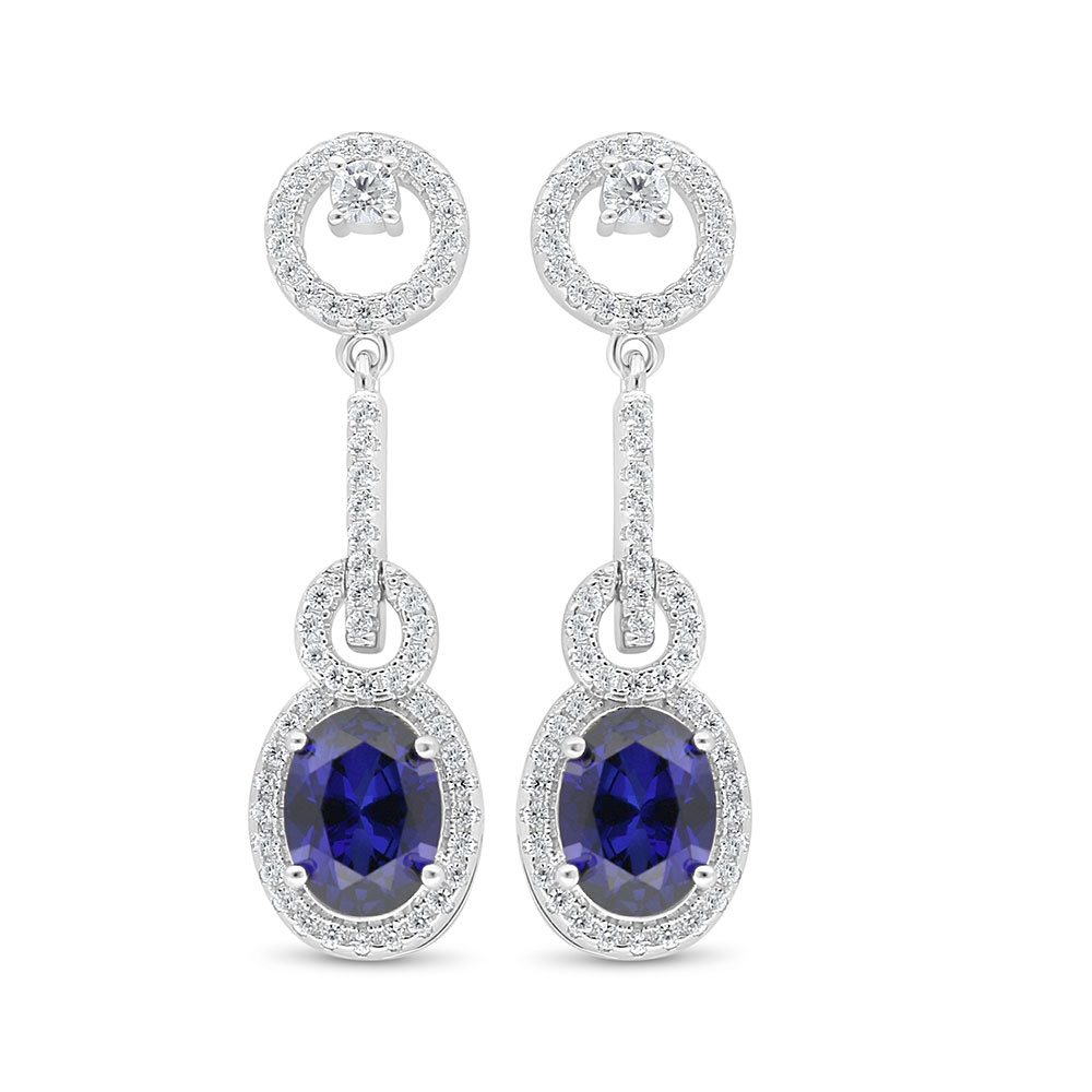 Sterling Silver 925 Earring Rhodium Plated Embedded With Sapphire Corundum And White Zircon