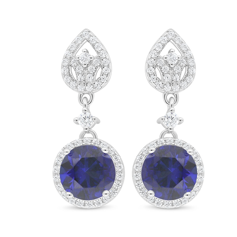 Sterling Silver 925 Earring Rhodium Plated Embedded With Sapphire Corundum And White Zircon