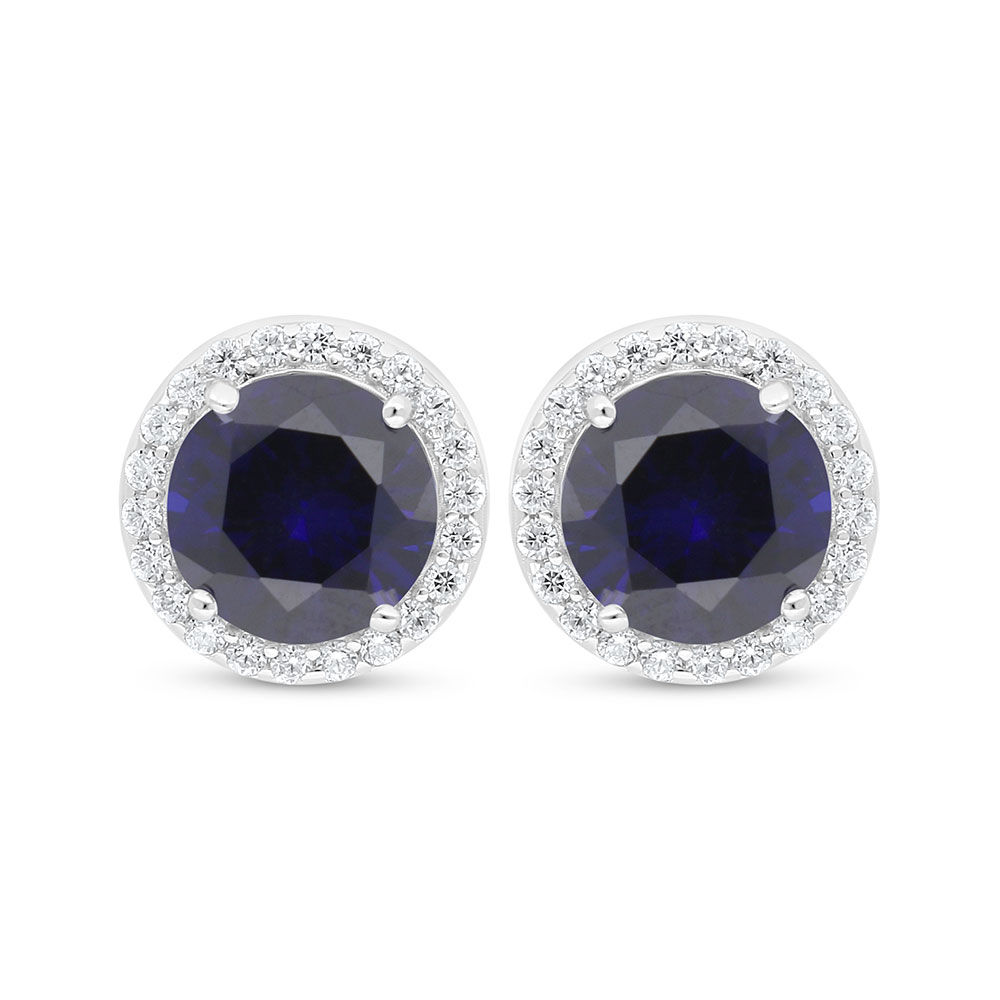 Sterling Silver 925 Earring Rhodium Plated Embedded With Sapphire Corundum And White Zircon