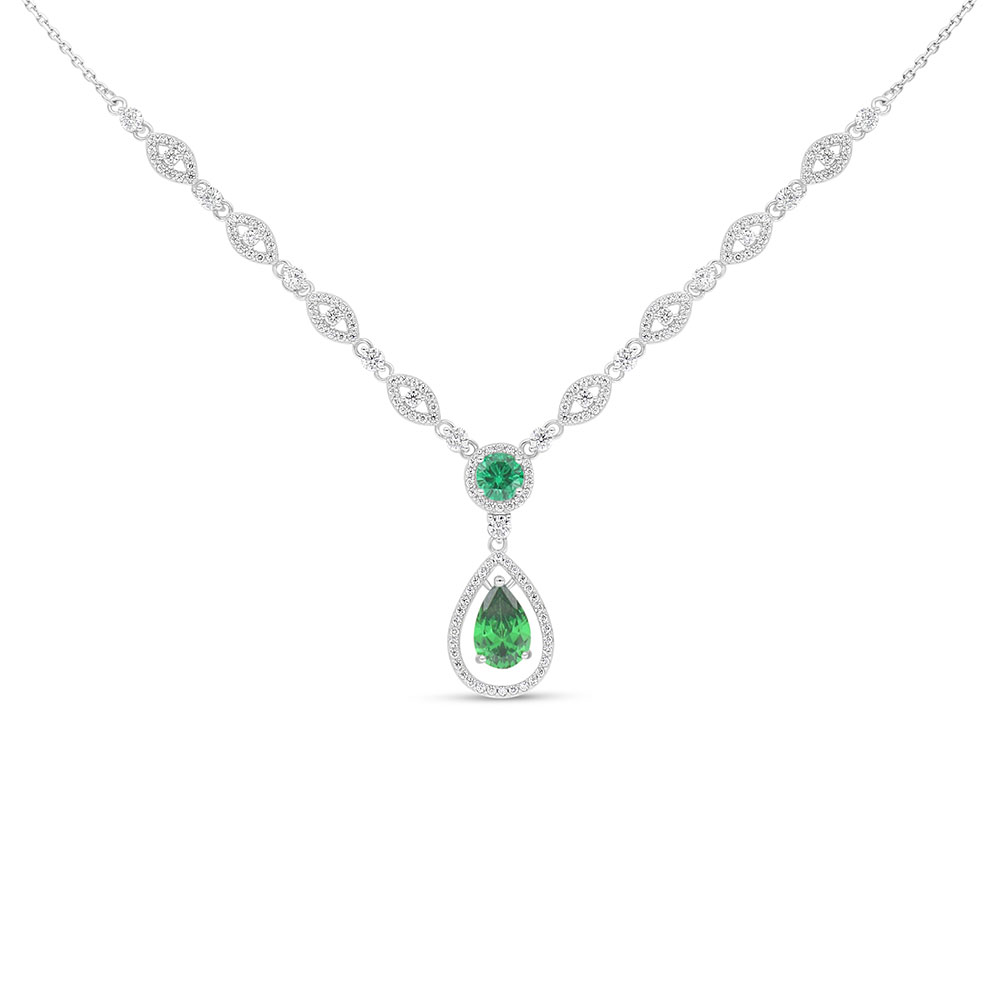 Sterling Silver 925 Necklace Rhodium Plated Embedded With Emerald Zircon And White Zircon