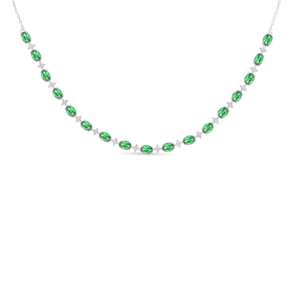 Sterling Silver 925 Necklace Rhodium Plated Embedded With Emerald Zircon And White Zircon