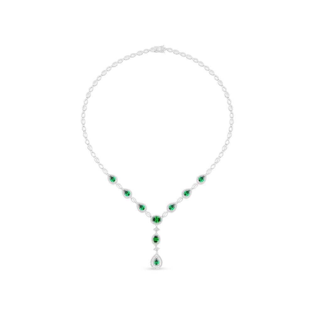 Sterling Silver 925 Necklace Rhodium Plated Embedded With Emerald Zircon And White Zircon