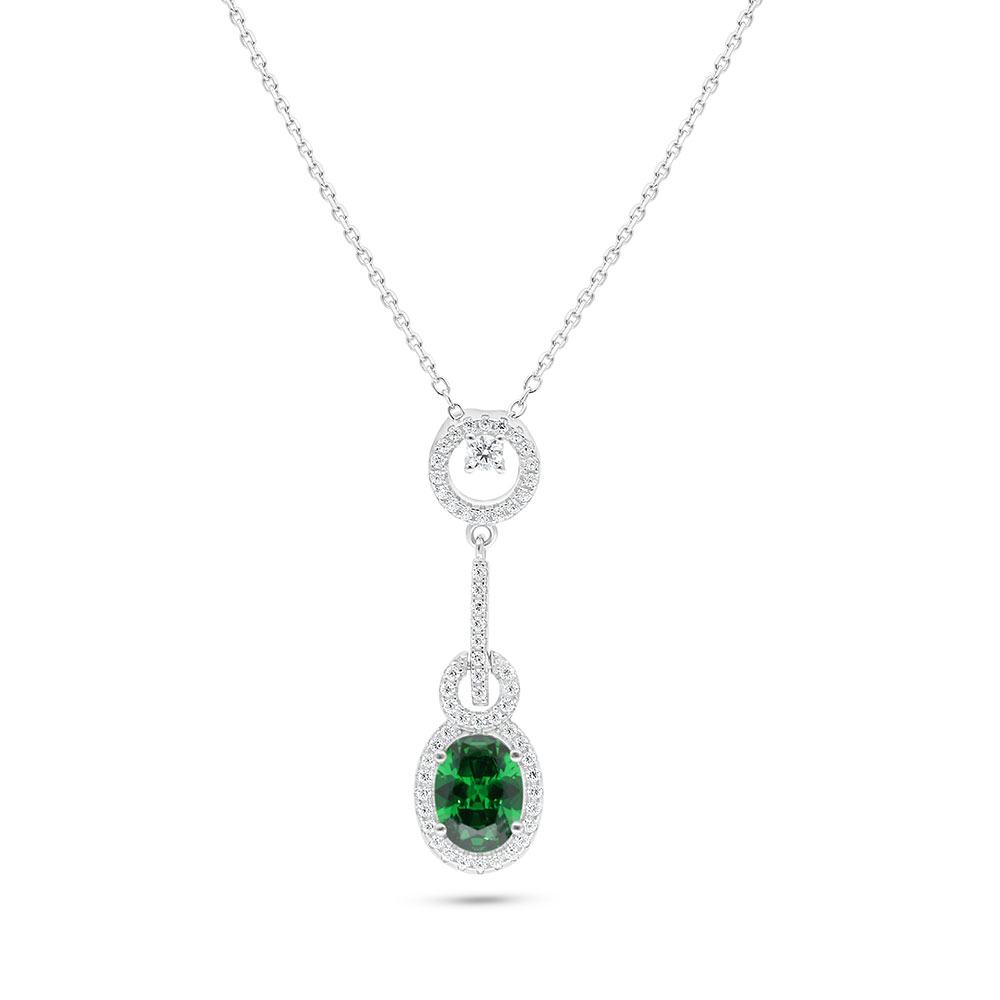 Sterling Silver 925 Necklace Rhodium Plated Embedded With Emerald Zircon And White Zircon