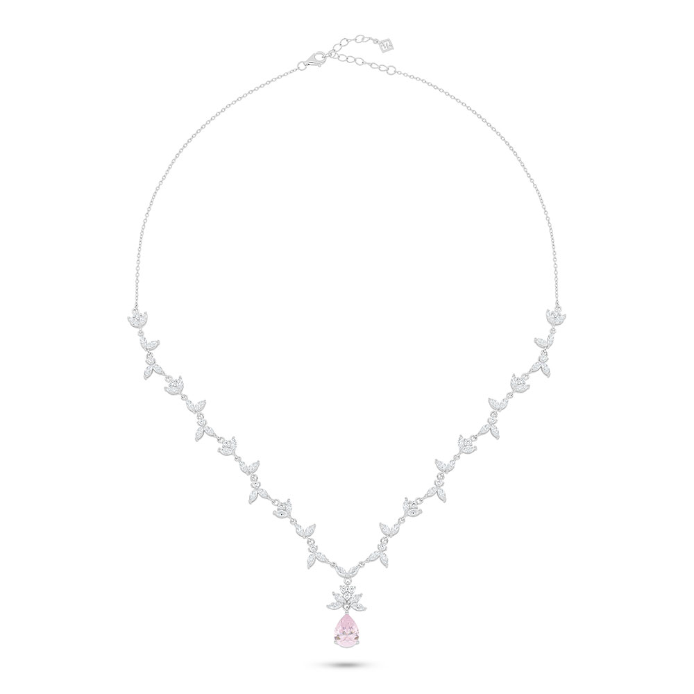Sterling Silver 925 Necklace Rhodium Plated Embedded With Pink Zircon And White Zircon