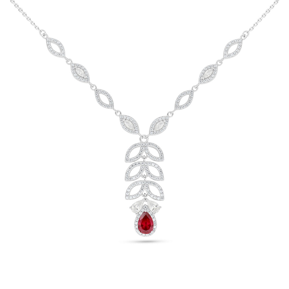 Sterling Silver 925 Necklace Rhodium Plated Embedded With Ruby Corundum And White Zircon