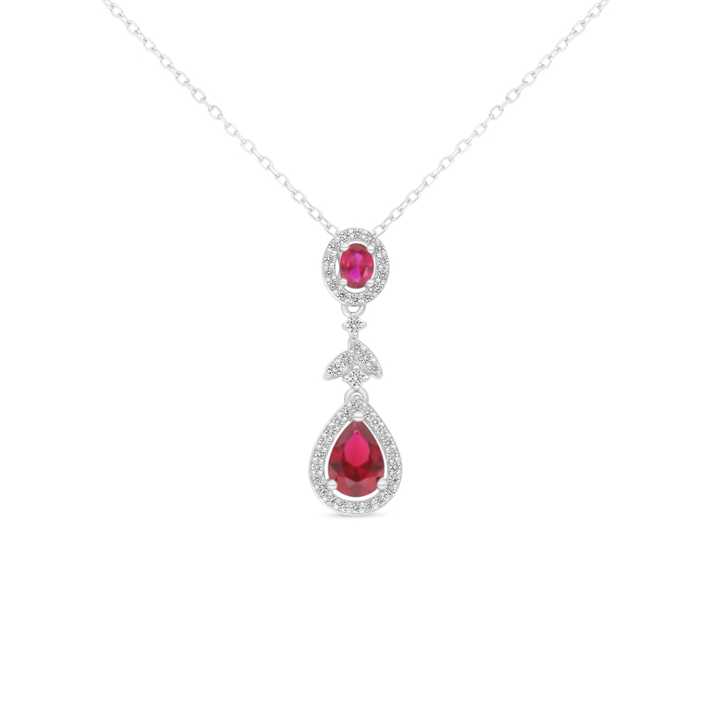 Sterling Silver 925 Necklace Rhodium Plated Embedded With Ruby Corundum And White Zircon