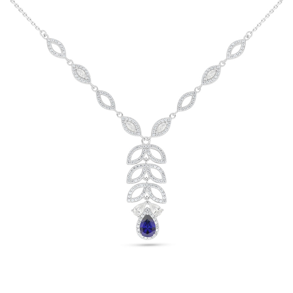 Sterling Silver 925 Necklace Rhodium Plated Embedded With Sapphire Corundum And White Zircon