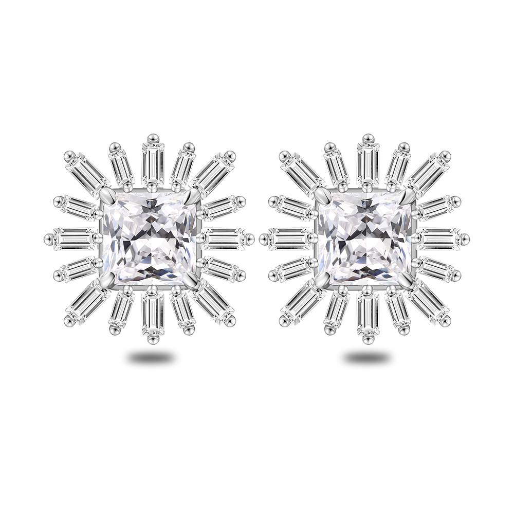 Sterling Silver 925 Earring Rhodium Plated Embedded With White Zircon