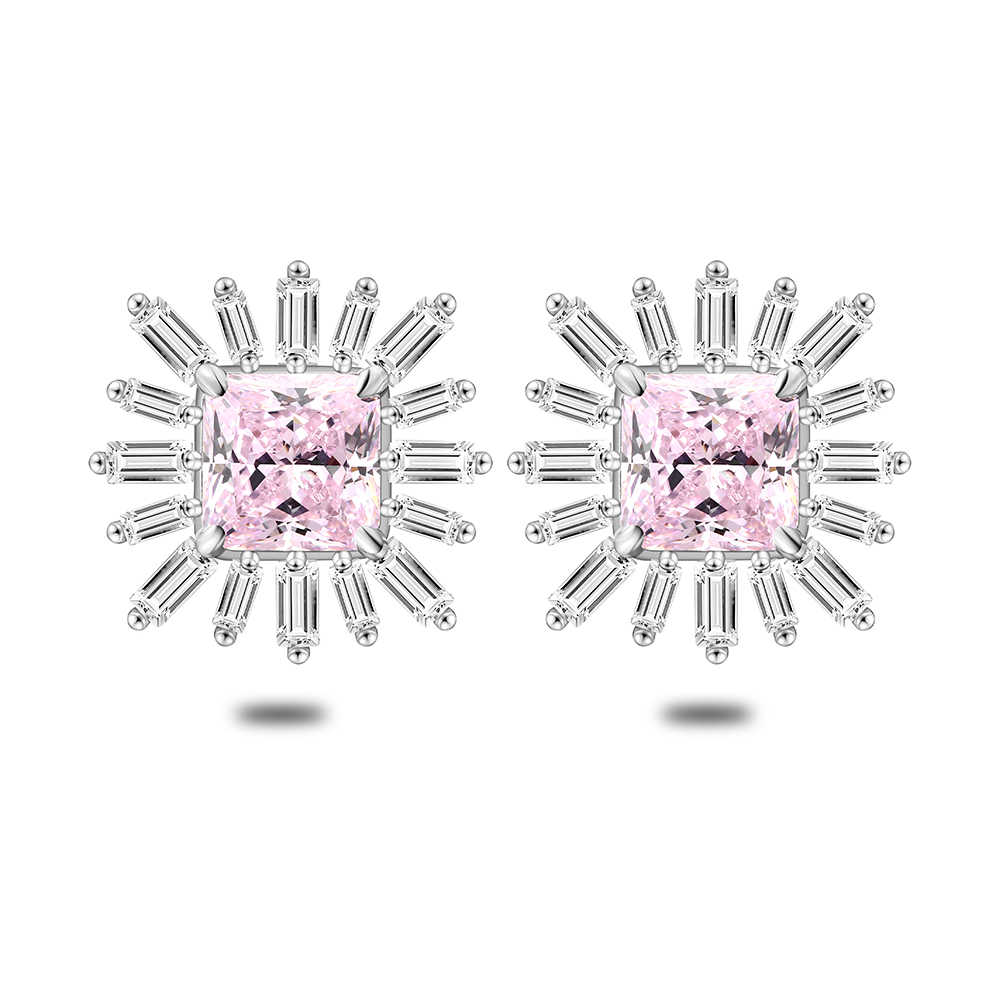 Sterling Silver 925 Earring Rhodium Plated Embedded With Pink Zircon And White Zircon