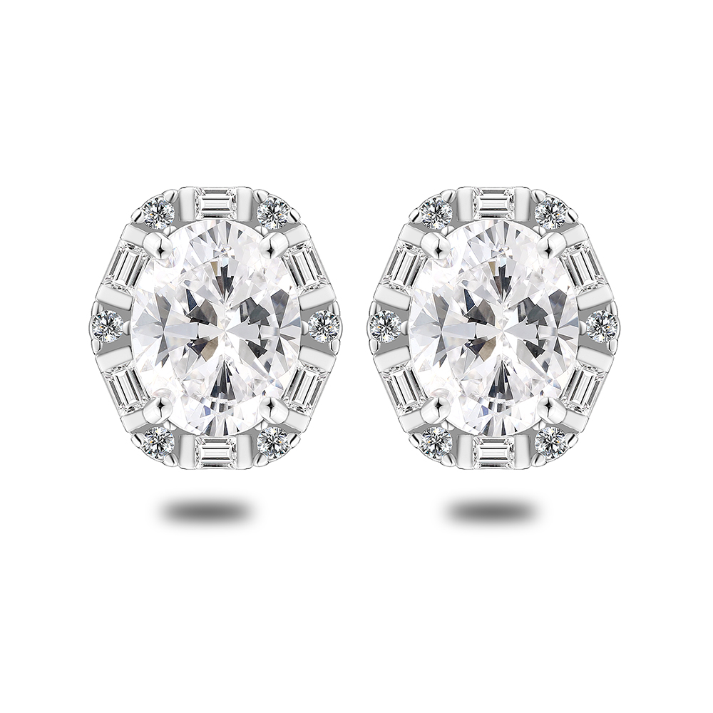 Sterling Silver 925 Earring Rhodium Plated Embedded With White Zircon