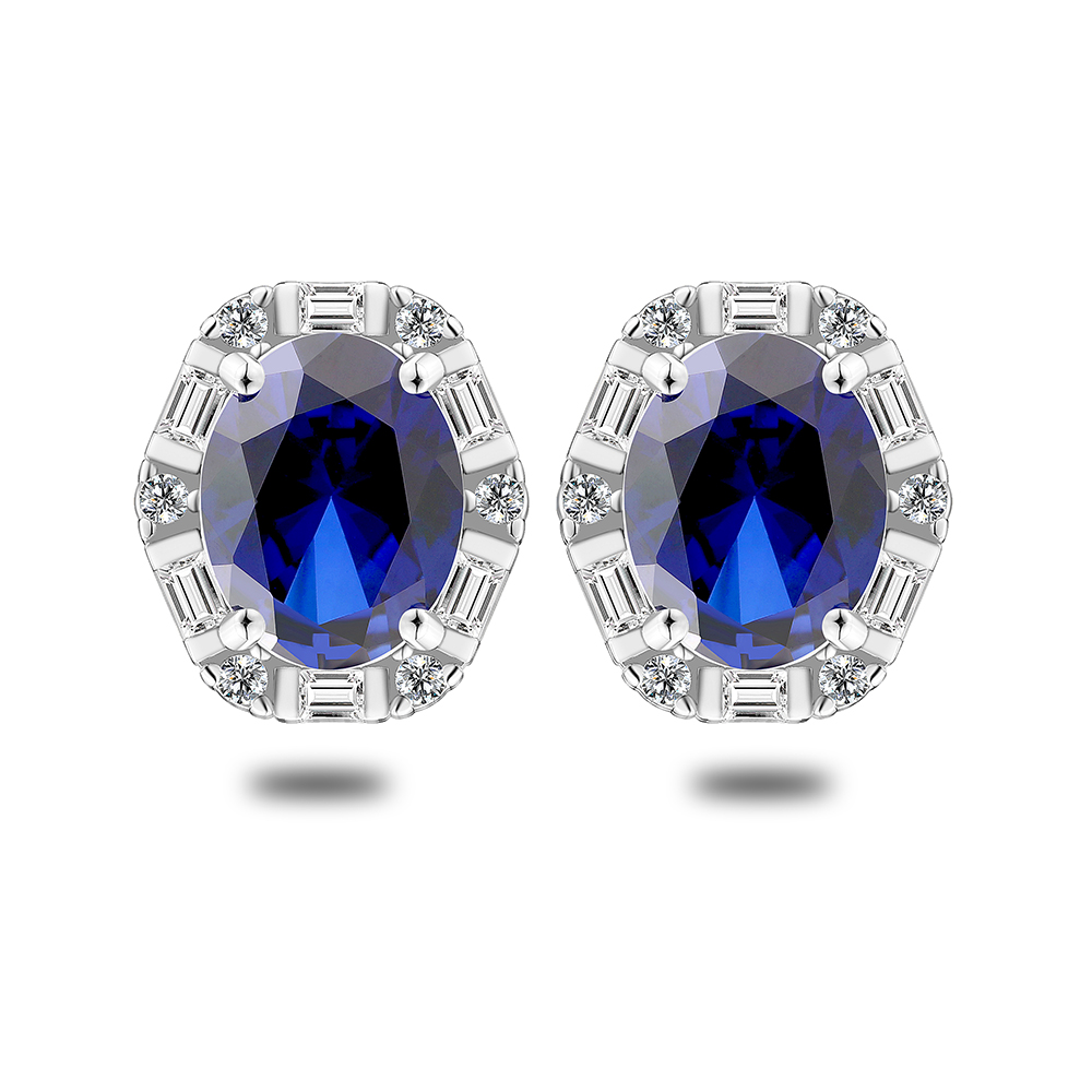 Sterling Silver 925 Earring Rhodium Plated Embedded With Sapphire Corundum And White Zircon