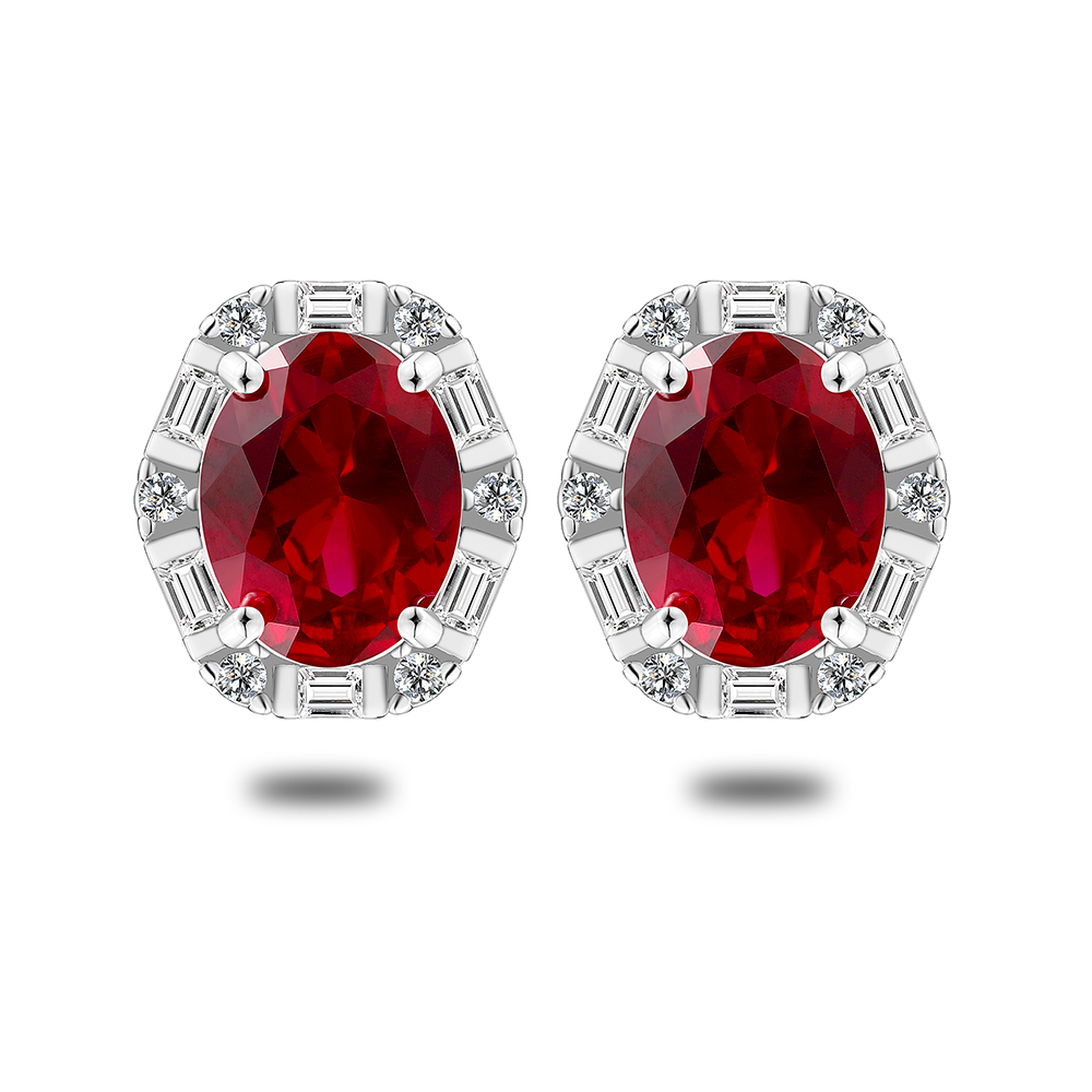 Sterling Silver 925 Earring Rhodium Plated Embedded With Ruby Corundum And White Zircon