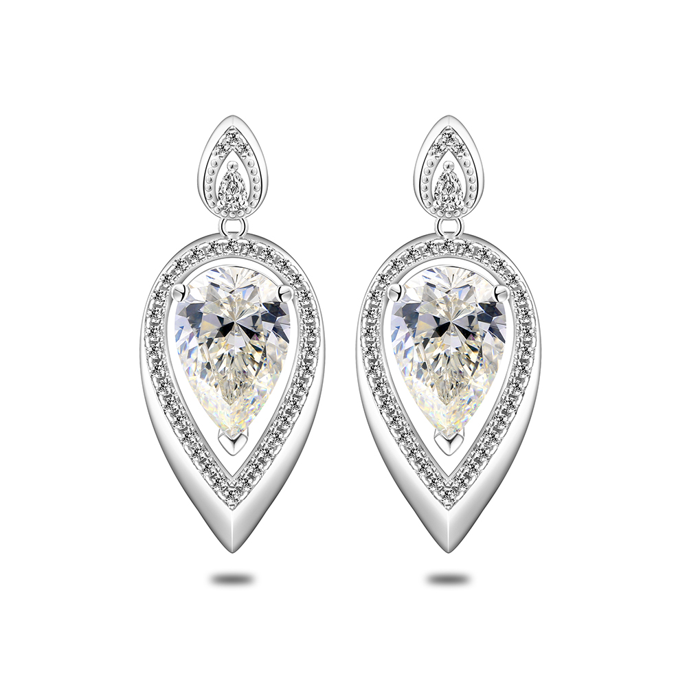 Sterling Silver 925 Earring Rhodium Plated Embedded With Diamond Color And White Zircon