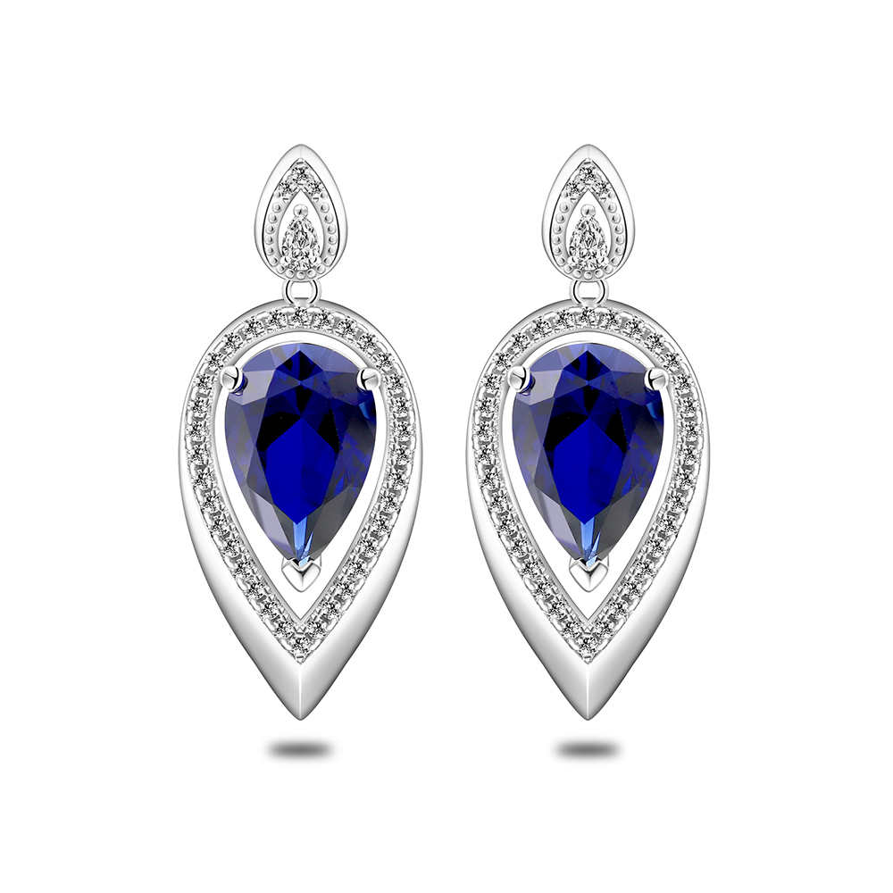 Sterling Silver 925 Earring Rhodium Plated Embedded With Sapphire Corundum And White Zircon