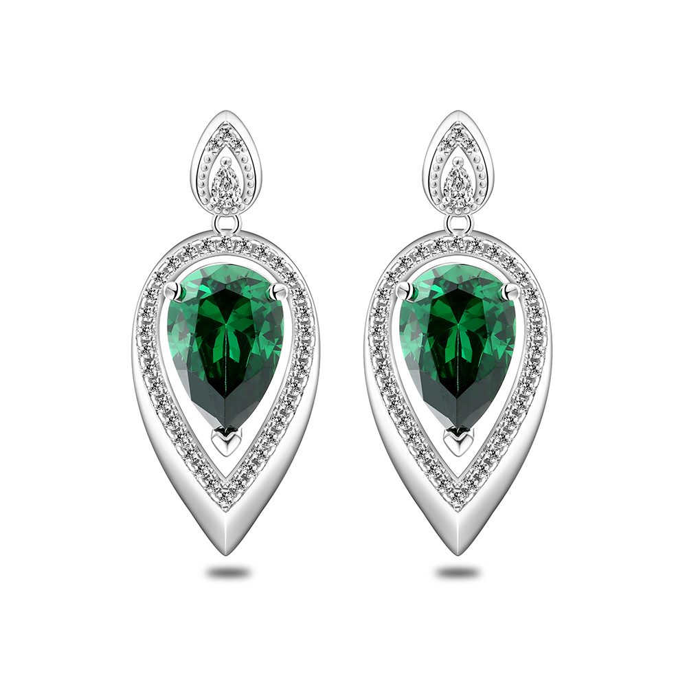 Sterling Silver 925 Earring Rhodium Plated Embedded With Emerald Zircon And White Zircon