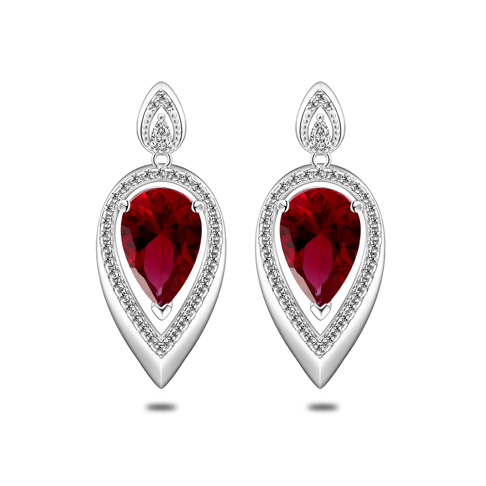 Sterling Silver 925 Earring Rhodium Plated Embedded With Ruby Corundum And White Zircon