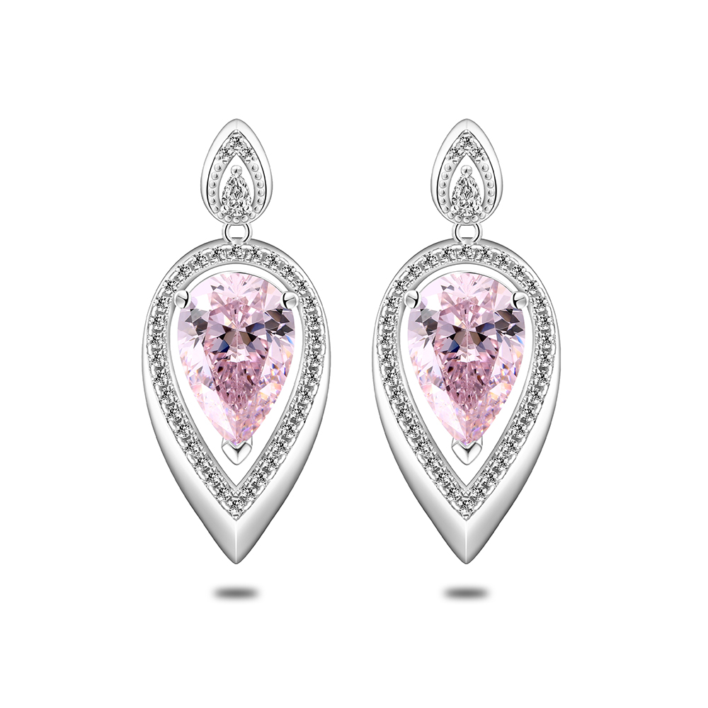 Sterling Silver 925 Earring Rhodium Plated Embedded With Pink Zircon And White Zircon