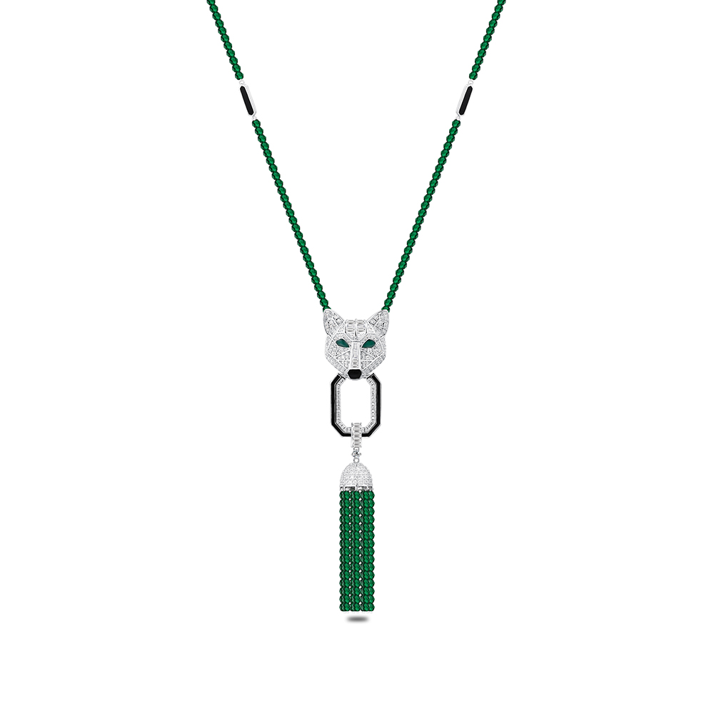 Sterling Silver 925 Necklace Rhodium Plated Embedded With Emerald Zircon And White Zircon