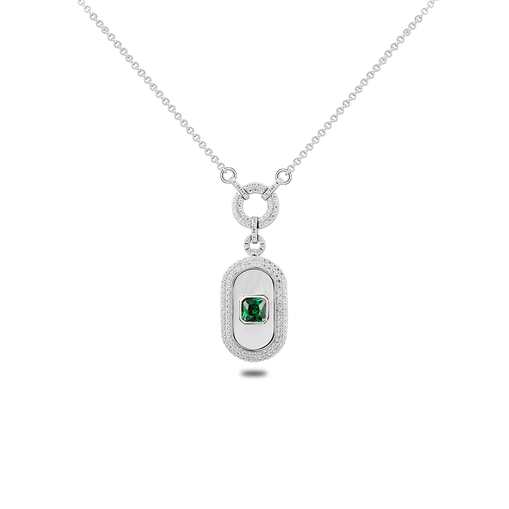 Sterling Silver 925 Necklace Rhodium Plated Embedded With With White Shell And Emerald Zircon And White Zircon