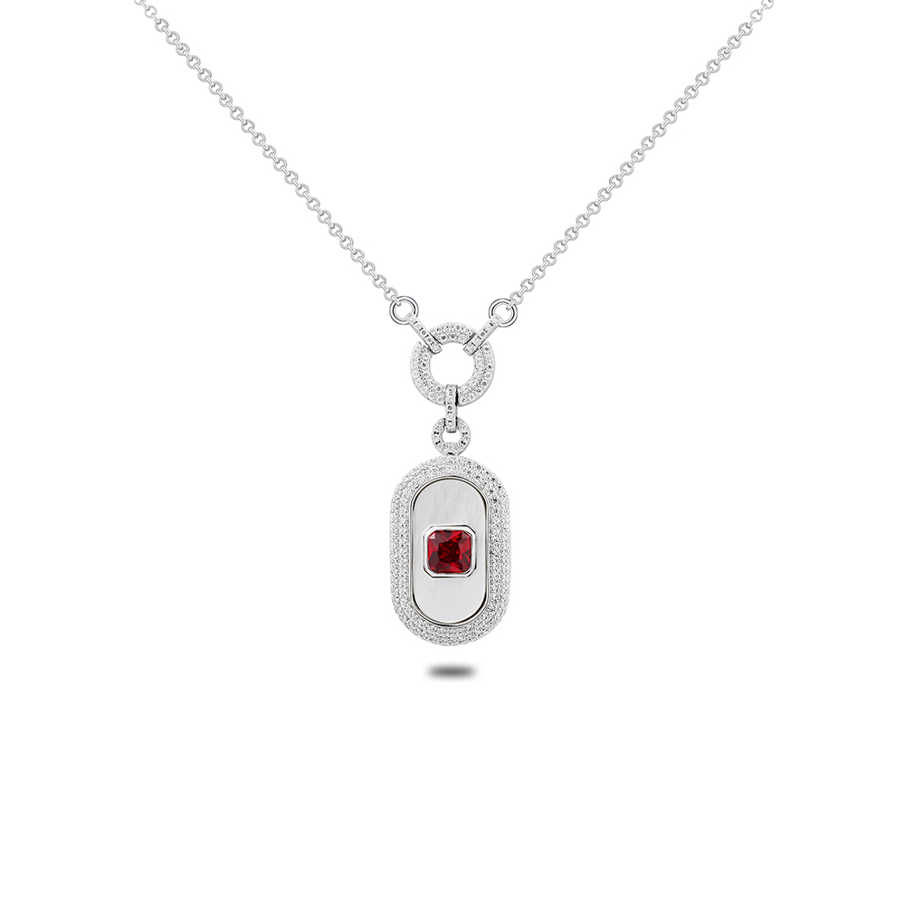 Sterling Silver 925 Necklace Rhodium Plated Embedded With White Shell And Ruby Corundum And White Zircon