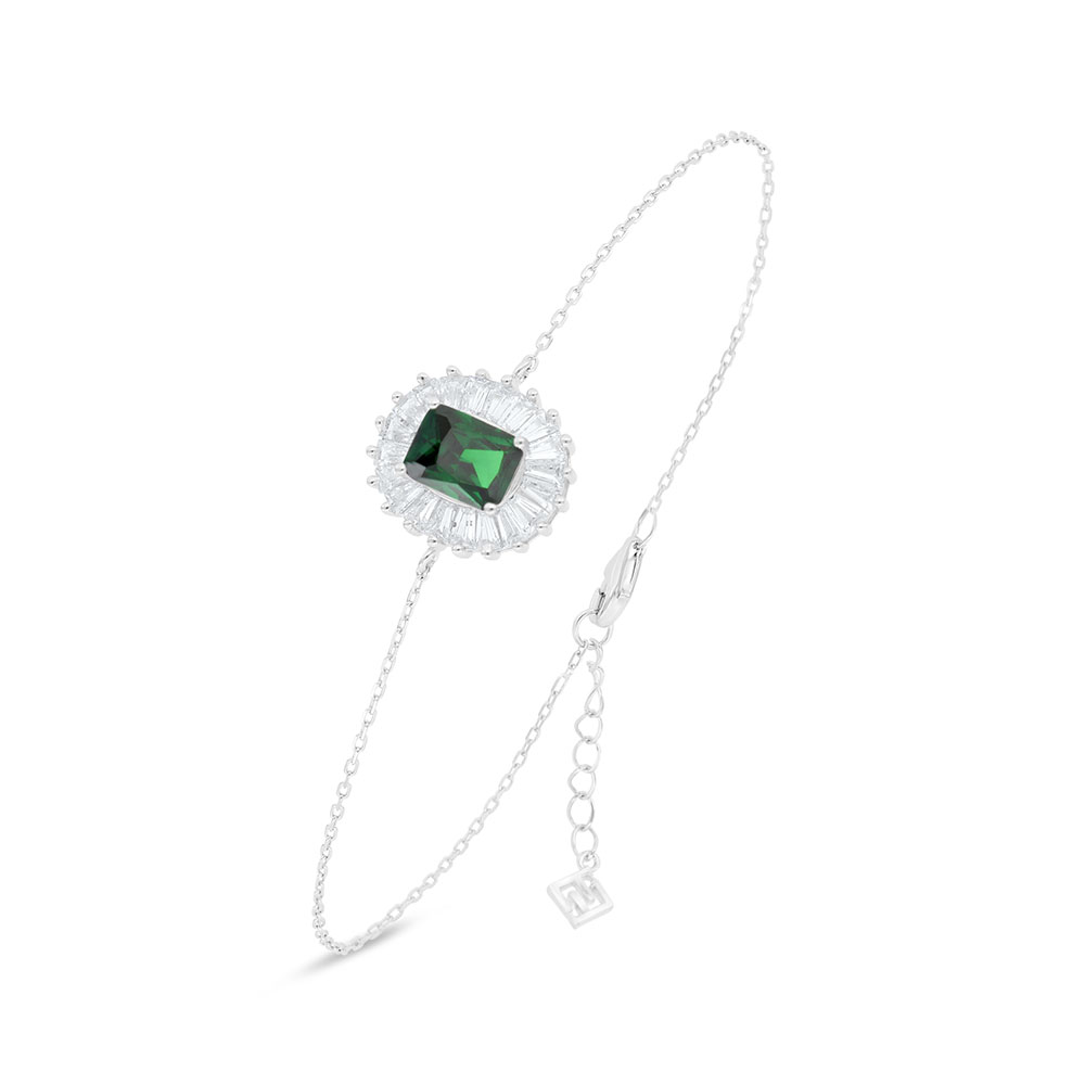 Sterling Silver 925 Bracelet Rhodium Plated Embedded With Emerald Zircon And White Zircon