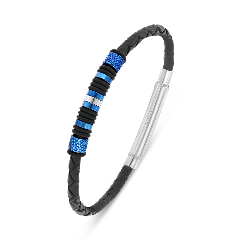 Stainless Steel Bracelet 316L And 304L Silver And Blue Plated With Black Leather 