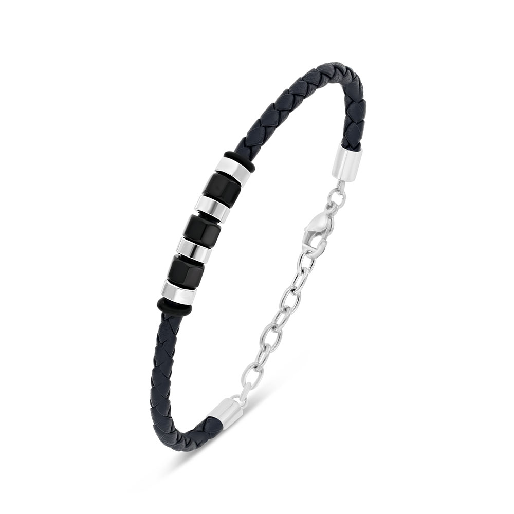 Stainless Steel Bracelet 316L Silver And Black Plated With Blue Leather 